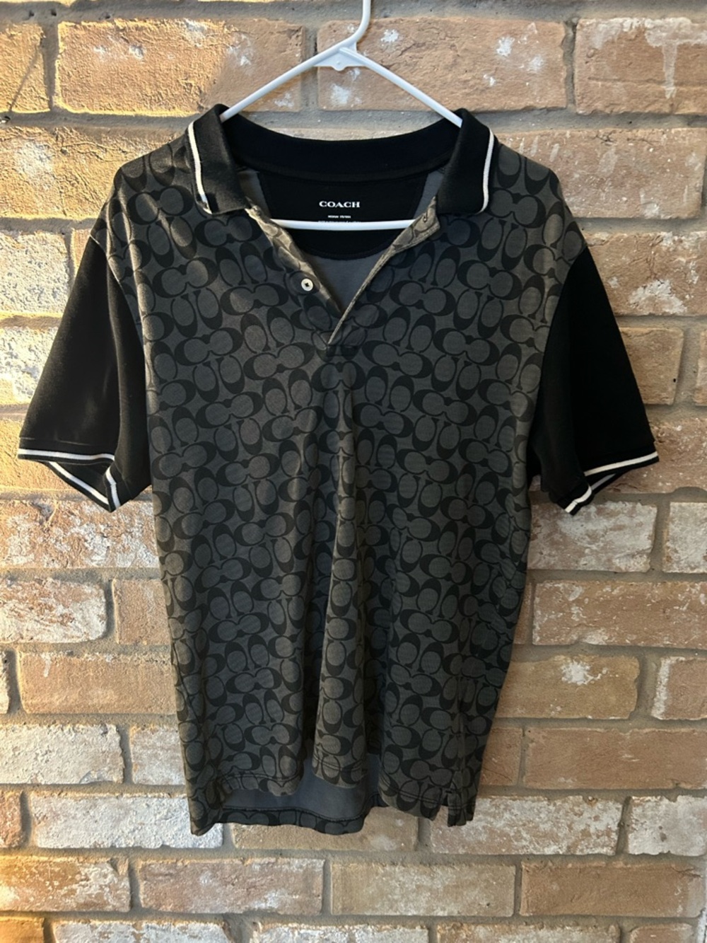 Coach Men’s Black and Dark Gray Signature Jacquard Polo